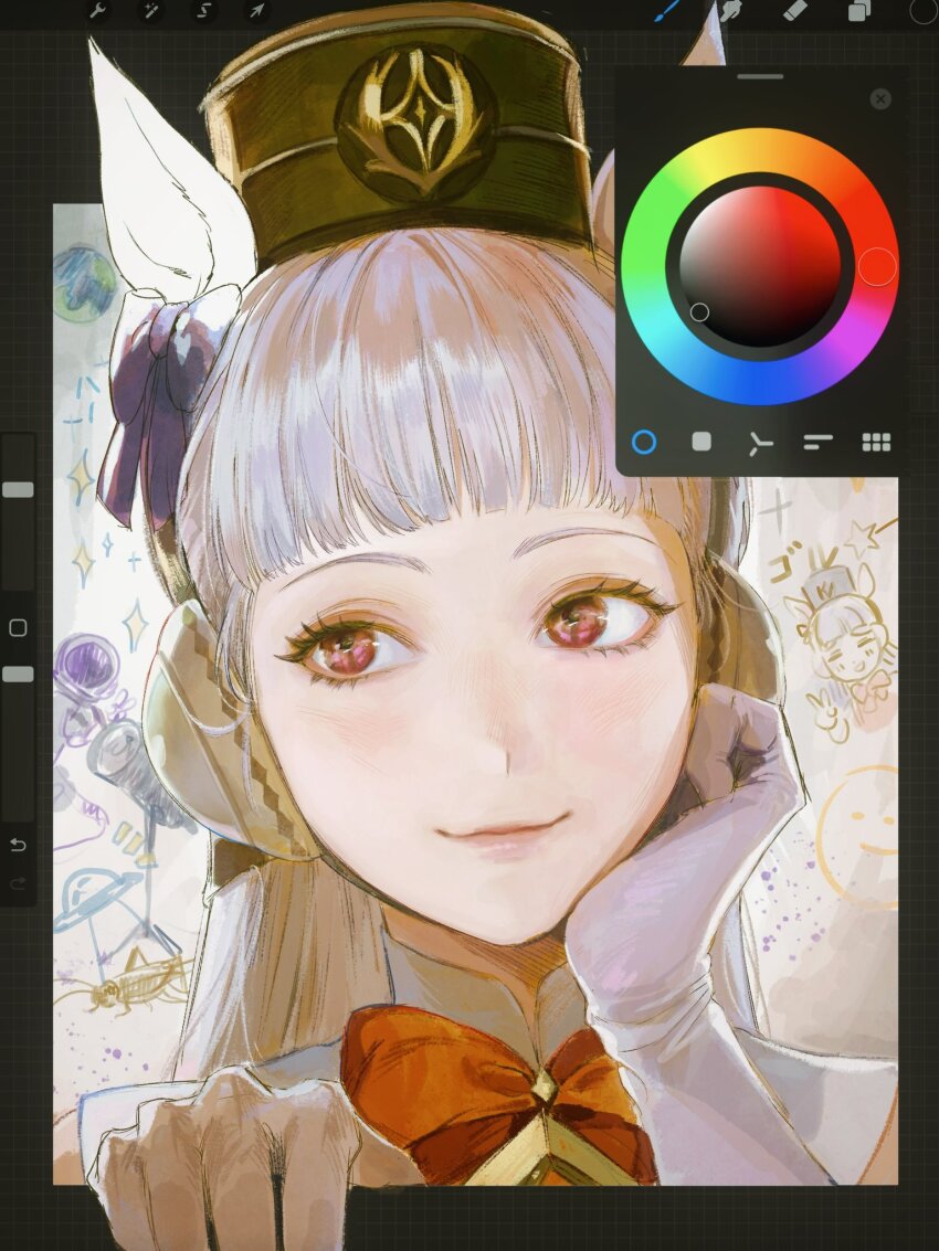 animal_ears arrow_(symbol) blunt_bangs bow brown_hat closed_mouth color_picker ear_bow ear_covers fourth_wall gloves gold_ship_(umamusume) grey_hair hand_on_own_cheek hand_on_own_face hat highres horse_ears horse_girl lips long_hair looking_to_the_side neck_ribbon partially_colored pillbox_hat portrait procreate_(software) purple_ribbon red_eyes red_ribbon ribbon seapall smile through_medium umamusume white_gloves