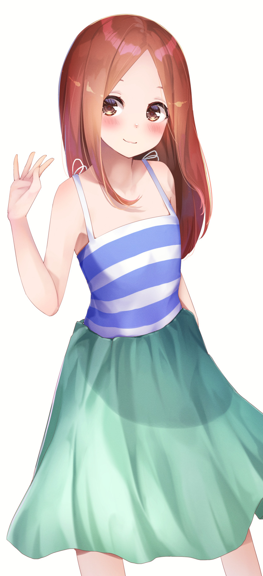 1girl absurdres bare_arms bare_shoulders brown_eyes brown_hair closed_mouth dutch_angle green_skirt hand_up highres karakai_jouzu_no_takagi-san long_hair long_skirt looking_at_viewer parted_bangs shirt simple_background skirt smile solo standing striped_clothes striped_shirt takagi-san white_background yuunamida_uyu