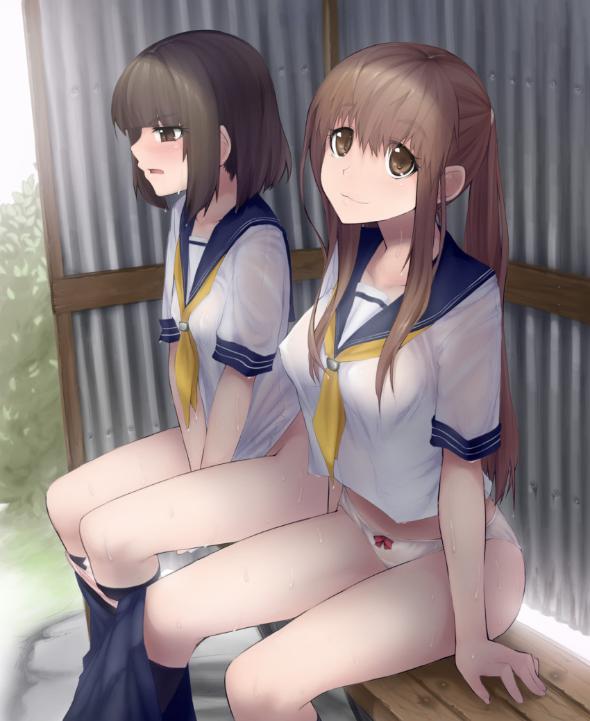 2girls abubu arm_support bare_legs between_thighs black_eyes black_hair blush bottomless bow bow_panties breasts brown_eyes brown_hair bus_stop clothes_pull covered_erect_nipples covering_privates covering_crotch day highres kneehighs legs long_hair medium_breasts midriff multiple_girls no_bra no_pants original outdoors panties panty_pull ponytail public_indecency school_uniform see-through_clothes serafuku shirt_tug short_hair sidelocks sitting skirt skirt_around_one_leg skirt_pull small_breasts smile socks summer sweat thighs underwear undressing v_arms wet wet_clothes white_panties