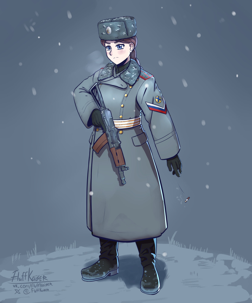 absurdres aks-74u artist_name assault_rifle belt blue_eyes boots braid braided_ponytail breath brown_hair cigarette coat collar epaulettes fluffkaiser fur_hat gun hat highres holding holding_gun holding_weapon kalashnikov_rifle long_coat military military_uniform original rifle russia russian_ground_forces russian_flag_print snow throwing_away trigger_discipline twitter_username ushanka weapon