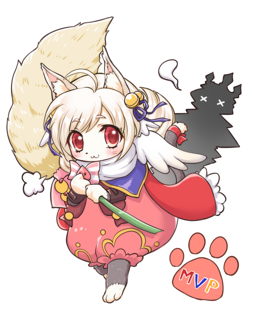 1girl :3 ahoge animal_ears barefoot bell blonde_hair blush bow capelet cat_ears cat_girl cat_tail cattail closed_mouth commentary_request different_shadow dress full_body hair_bell hair_ornament hair_ribbon highres jingle_bell kuma_king looking_at_viewer mvp pink_dress plant purple_capelet purple_ribbon ragnarok_online red_bow red_eyes ribbon simple_background smile solo summoner_(ragnarok_online) tail tail_bow tail_ornament transparent_background vambraces