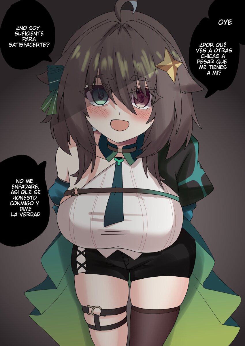1girl absurdres arms_behind_back black_cape black_shorts blush breasts brown_eyes brown_hair brown_thighhighs cape detached_sleeves dot_nose empty_eyes eyelashes feet_out_of_frame female_focus gradient_background green_cape green_eyes green_sleeves grey_background heterochromia highres chromashift kimura_tao large_breasts leaning_forward looking_at_viewer medium_hair meica_(vtuber) meica_(vtuber)_(1st_costume) open_mouth shaded_face shirt shorts side_cape simple_background single_bare_shoulder single_thighhigh smile solo spanish_text speech_bubble standing thick_eyebrows thigh_strap thighhighs thighs translated virtual_youtuber waist_cape white_shirt yandere
