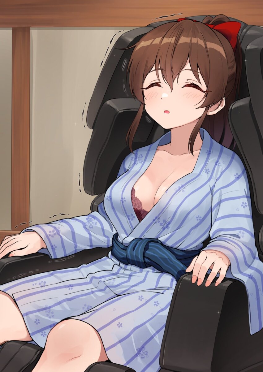 1girl bath_yukata blush bow bra brown_hair chair closed_eyes commentary hair_bow highres idolmaster idolmaster_million_live! japanese_clothes kamille_(vcx68) kimono lingerie massage_chair red_bow red_bra redrawn satake_minako sitting solo underwear yukata