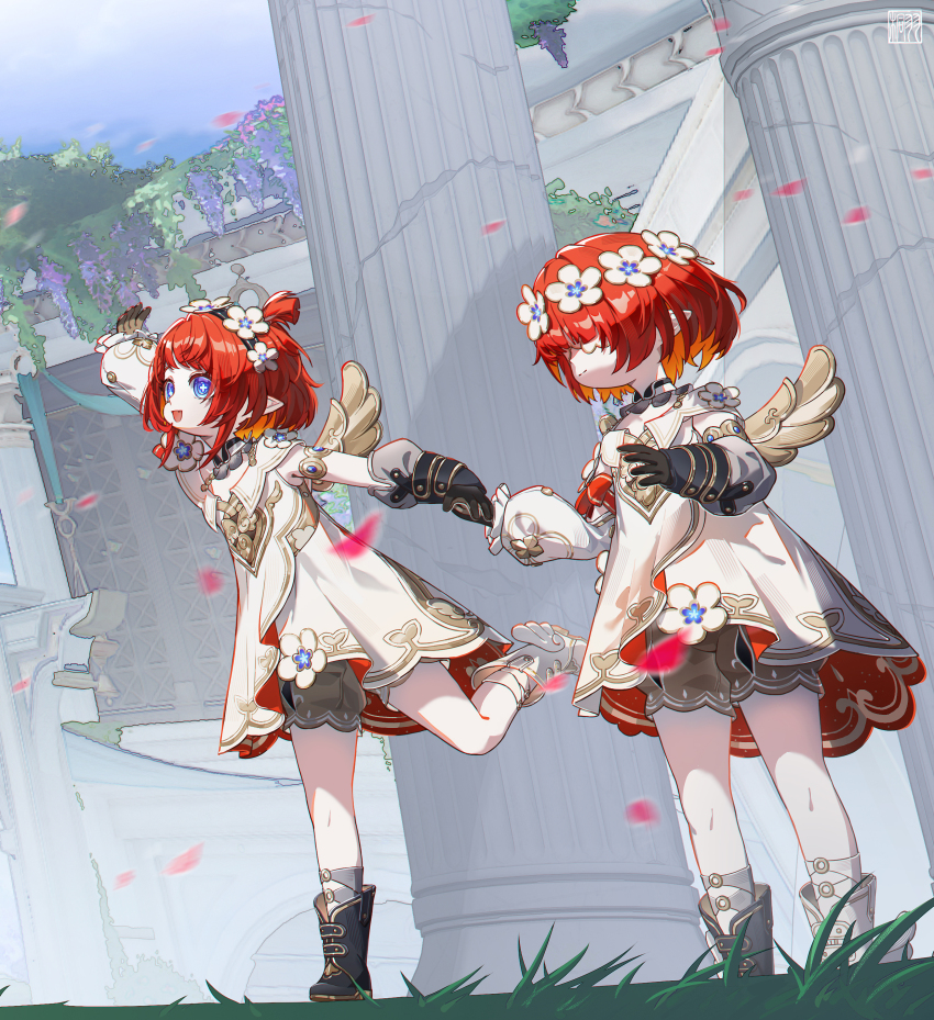 2girls absurdres ancient_greek_clothes angel_wings architecture asymmetrical_footwear black_boots blue_eyes blue_sky boots commentary_request cross-shaped_pupils dress falling_petals grass greco-roman_architecture greco-roman_clothes head_wreath highres holding_hands honkai:_star_rail honkai_(series) mismatched_footwear multiple_girls outdoors petals pointy_ears red_hair short_hair sky stone_pillar symbol-shaped_pupils tongyu tribbie_(honkai:_star_rail) trinnon_(honkai:_star_rail) white_blindfold white_boots white_dress winged_boots wings