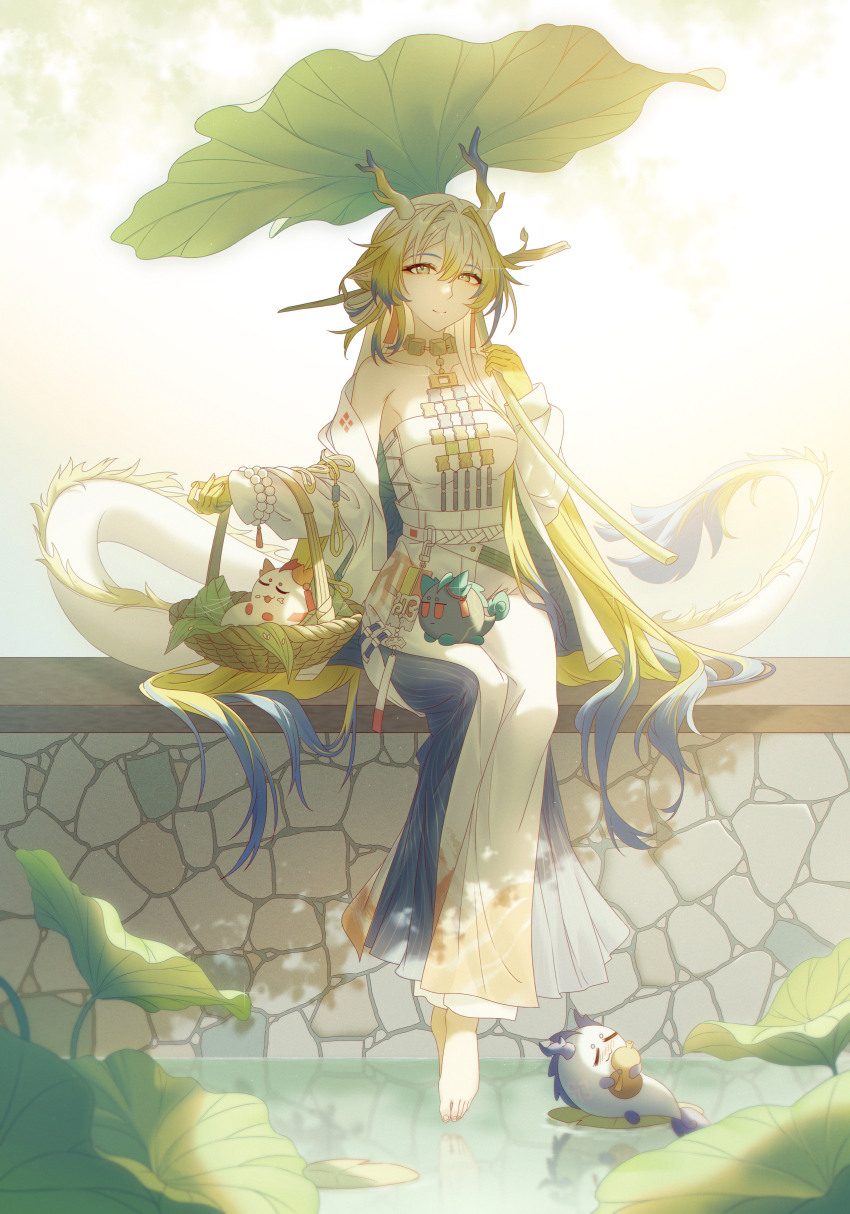 1girl 4girls absurdres arknights bare_shoulders basket blush breasts brooch closed_eyes closed_mouth collarbone dragon dragon_girl dusk_(arknights) earrings eastern_dragon eastern_dragon_horns eastern_dragon_tail gourd green_eyes hair_between_eyes highres holding holding_gourd holding_leaf innoarukugyou jewelry leaf ling_(arknights) long_hair long_sleeves looking_at_viewer lotus_leaf medium_breasts multiple_girls nian_(arknights) pointy_ears shu_(arknights) simple_background sitting smile solo_focus strapless tassel tassel_earrings tube_top white_background white_tube_top