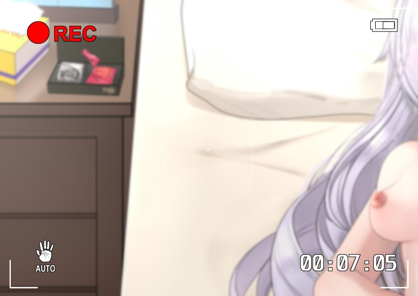 1girl bed blurry blurry_foreground breasts bronya_zaychik bronya_zaychik_(silverwing:_n-ex) completely_nude condom condom_wrapper drill_hair grey_hair highres honkai_(series) honkai_impact_3rd indoors large_breasts long_hair lying netorare nipples nude on_back pillow pov recording table tissue tissue_box twin_drills very_long_hair viewfinder yomigaeru