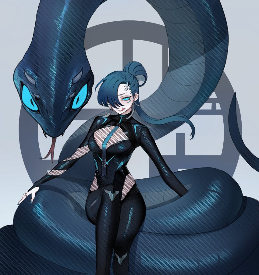 1girl 2025 absurdres animal blue_eyes blue_hair blue_nails breasts cleavage_cutout clothing_cutout giant_snake hair_over_one_eye highres horns jewelry long_hair long_sleeves multicolored_hair necktie open_mouth original oversized_animal ponytail ratatatat74 ring simple_background sitting_on_animal slit_pupils snake snake_girl tongue tongue_out two-tone_hair white_hair
