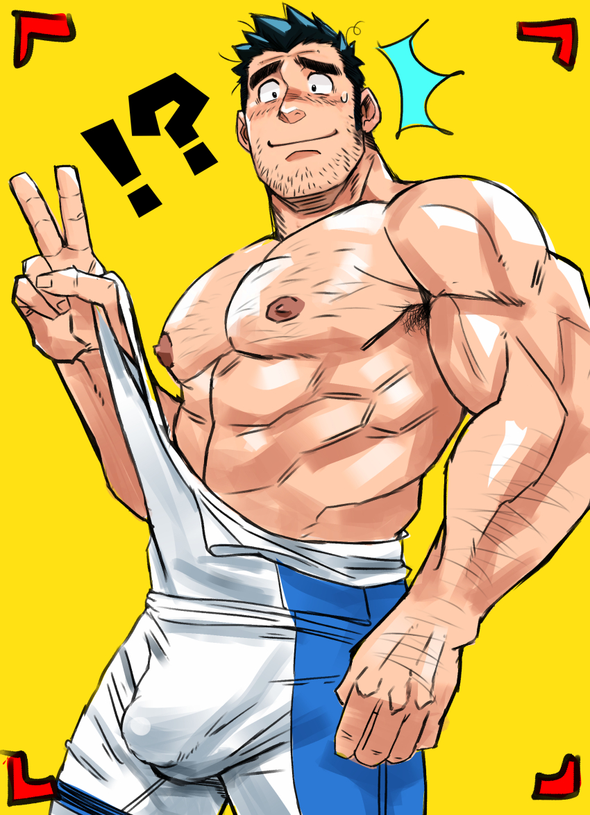 !? 1boy absurdres arm_hair armpit_hair armpit_hair_peek bara beard_stubble bulge facial_hair highres large_pectorals looking_at_viewer male_focus muscular muscular_male nipples original pectorals short_hair simple_background singlet solo sparse_chest_hair stubble suamaru v viewfinder yellow_background