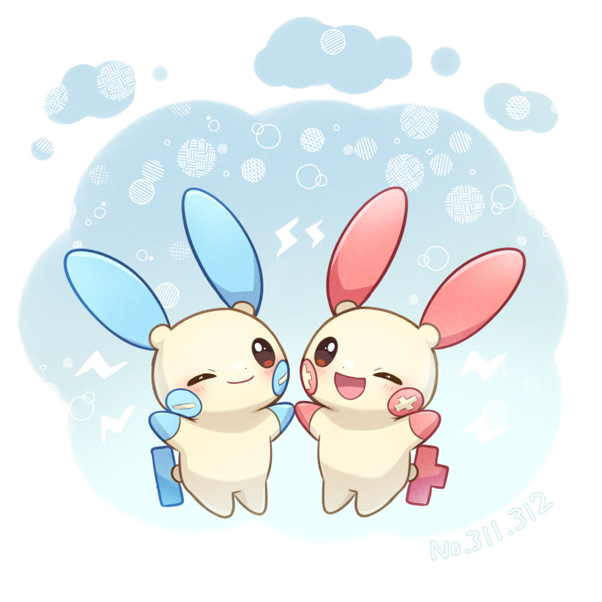 025sakura393 ;) ;d closed_mouth commentary_request gen_3_pokemon happy highres holding_hands lightning_bolt_symbol minun nintendo no_humans one_eye_closed open_mouth outstretched_arms plusle pokemon pokemon_(creature) smile standing