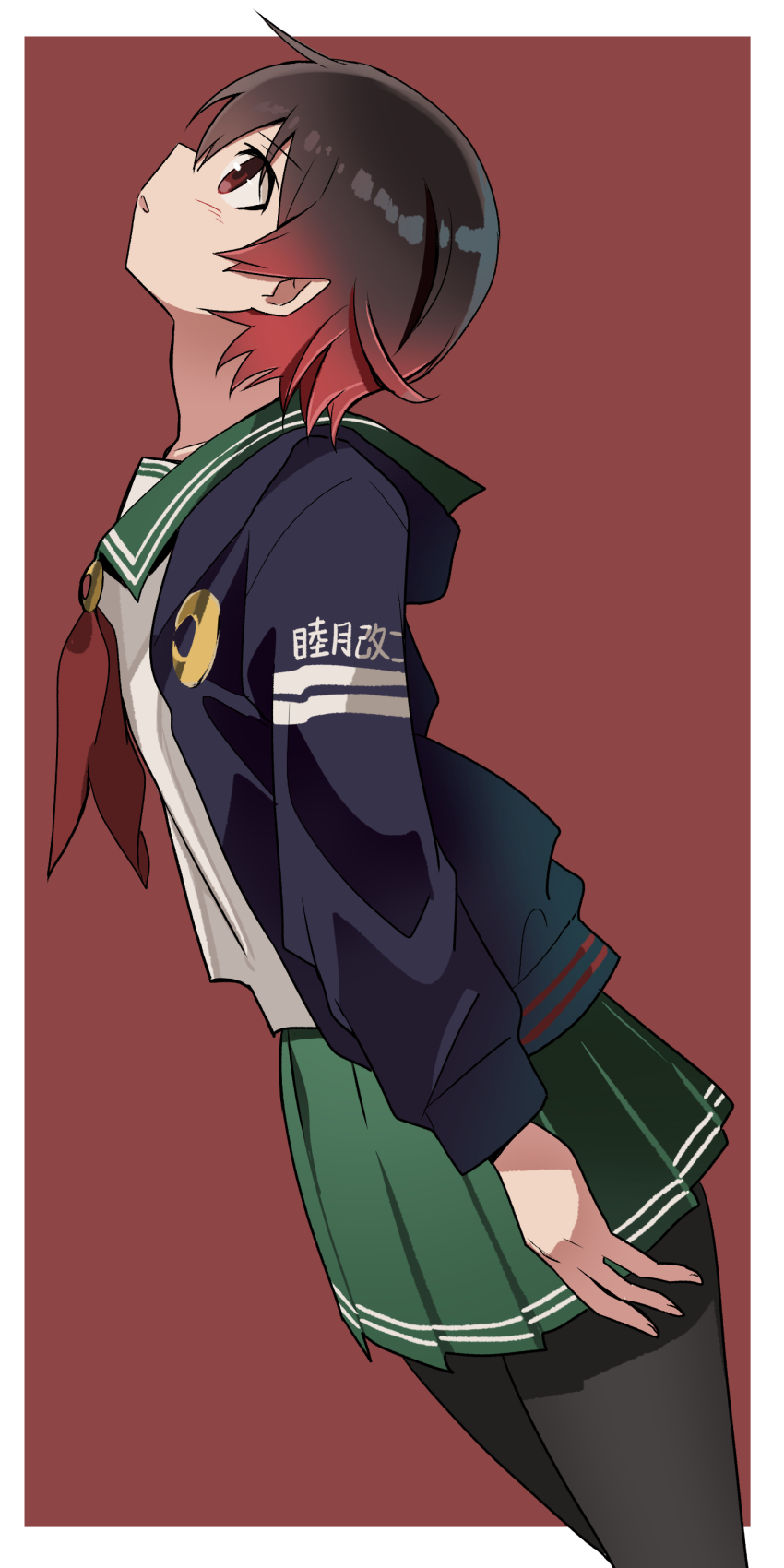 1girl absurdres blue_jacket brown_hair gradient_hair green_sailor_collar green_skirt haida_katsuretsu highres jacket kantai_collection long_sleeves looking_up multicolored_hair mutsuki_(kancolle) mutsuki_kai_ni_(kancolle) neckerchief open_mouth pleated_skirt red_background red_eyes red_hair red_neckerchief sailor_collar school_uniform serafuku short_hair simple_background skirt solo