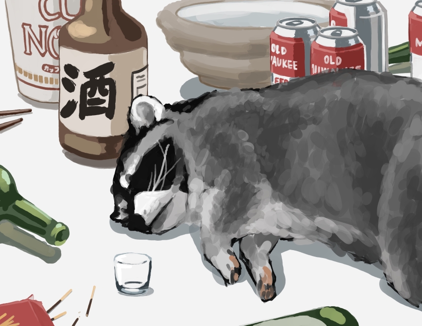 1other absurdres animal artist_self-reference beer_bottle beer_can can drink_can glass highres nissin_cup_noodle original raccoon sleeping trashpanda_11b