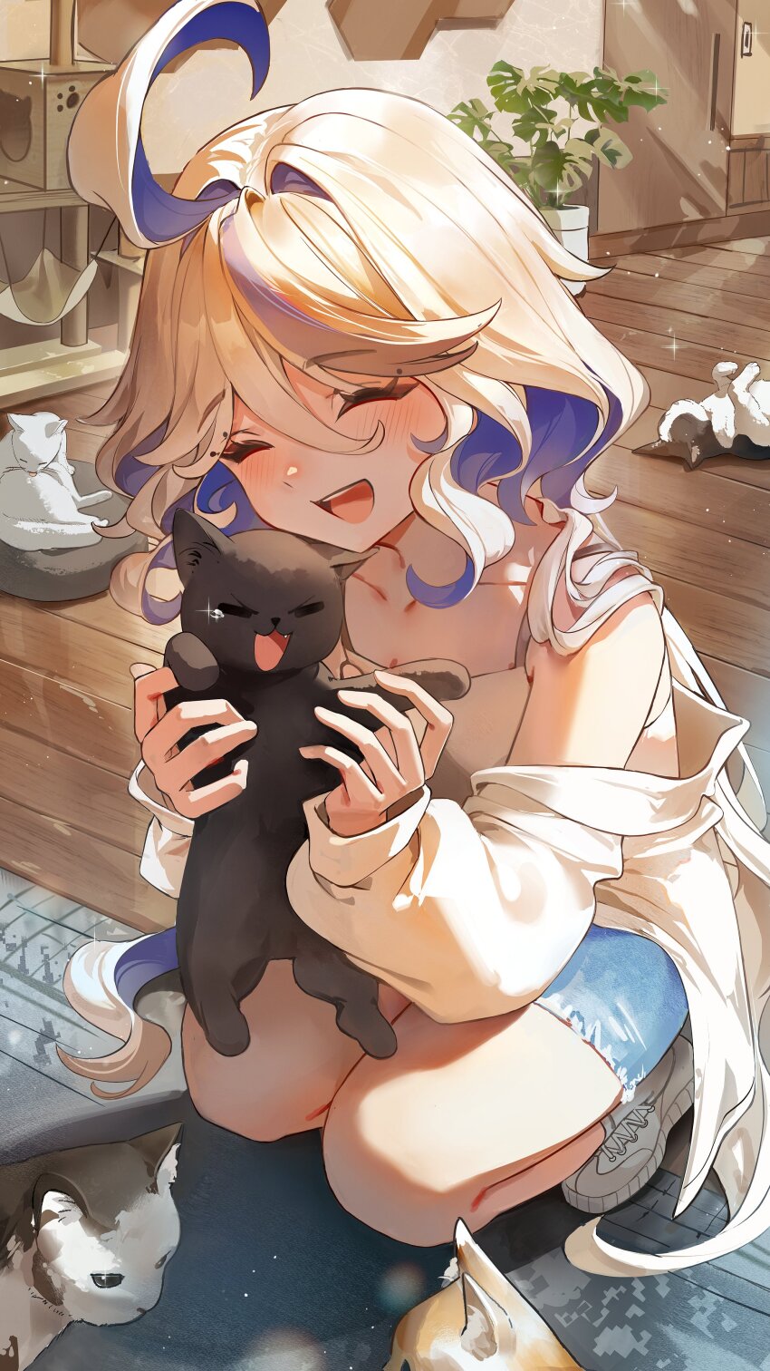 1girl :d ^_^ absurdres ahoge animal bare_shoulders black_cat blue_hair blue_shorts blush cat closed_eyes collarbone commentary dasha denim denim_shorts furina_(genshin_impact) genshin_impact hair_between_eyes hashtag-only_commentary highres holding holding_animal long_hair long_sleeves multicolored_hair off_shoulder open_mouth shoes shorts smile solo squatting teeth upper_teeth_only very_long_hair white_cat white_hair white_shoes
