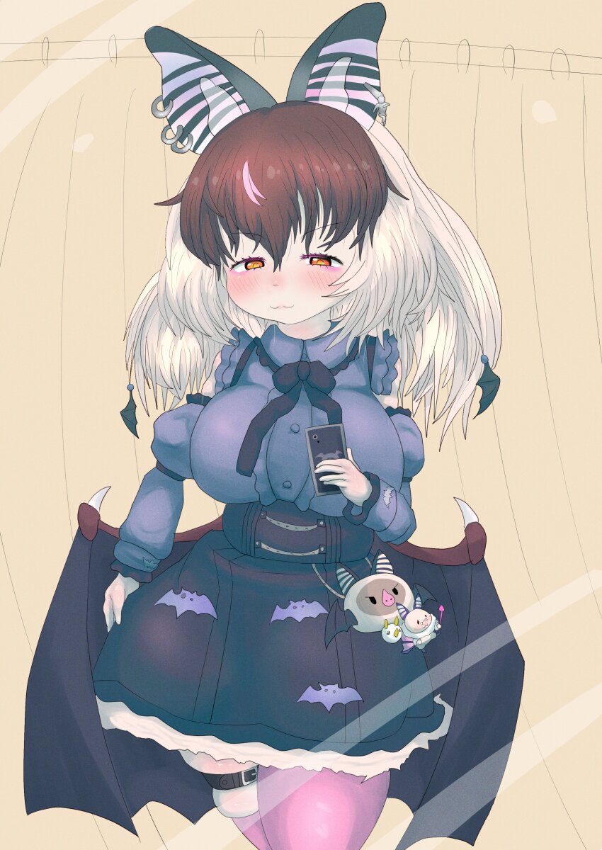 1girl absurdres animal_ears bat_ears bat_girl bat_wings belt bow bowtie breasts brown_eyes brown_hair brown_long-eared_bat_(kemono_friends) cellphone dress earrings extra_ears grey_hair highres jewelry kemono_friends kemono_friends_v_project large_breasts long_hair multicolored_hair nekomar_nknk phone poporu_(kemono_friends) selfie simple_background skirt smartphone solo streaked_hair stuffed_toy thighhighs virtual_youtuber wings