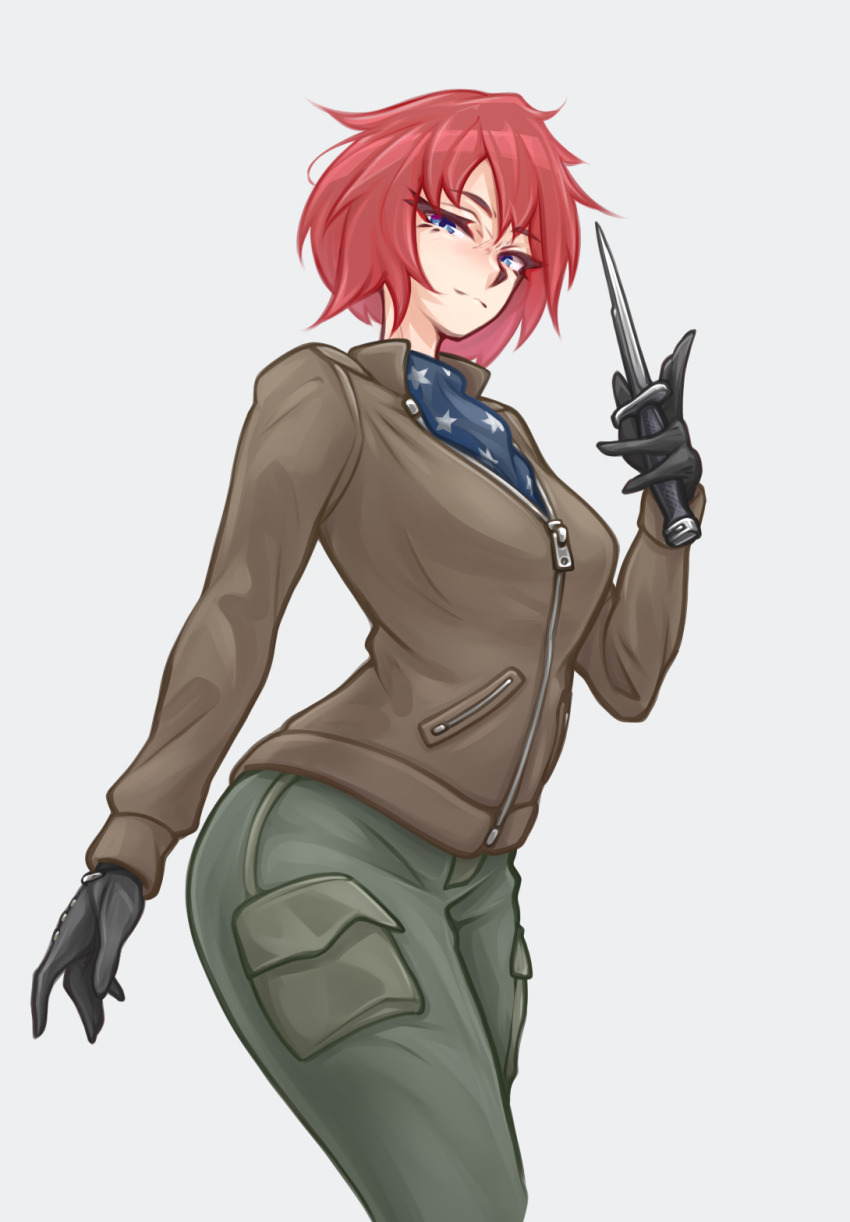 1girl black_gloves blue_eyes brown_jacket commission commissioner_upload gloves green_pants highres jacket looking_at_viewer m7_bayonet nikoro_(zaihn) non-web_source original pants red_hair short_hair solo standing weapon zap-nik