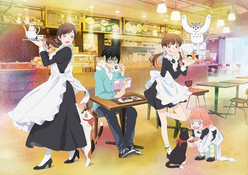 1boy 3girls :d :p animal animal_on_shoulder apron bird black-framed_eyewear black_dress black_footwear black_hair black_ribbon blue_sweater blunt_bangs blush bob_cut book bowl bowl_cut breasts brown_eyes brown_hair buttons cafe cat chair child coffee_mug collared_shirt colored_eyelashes cup dessert dress dress_shirt drinking expressionless fingernails floating_hair food frilled_apron frills full_body glasses green_eyes happy high_heels holding holding_book holding_bowl holding_cup holding_spoon holding_tray indoors juliet_sleeves kawamoto_akari kawamoto_hinata kawamoto_momo kiriyama_rei leaning leaning_forward leg_up long_dress long_sleeves looking_at_viewer looking_back looking_down maid mary_janes medium_breasts mug multiple_girls official_art open_book open_mouth orange_hair owl pants pantyhose partially_unbuttoned pet_food photo_background plate puffy_sleeves purple_eyes reading restaurant ribbon sangatsu_no_lion scrunchie shirt shoes short_dress siblings side_ponytail sisters sitting smile sneakers socks spoon standing standing_on_one_leg striped_legwear sugiyama_nobuhiro sweater table teacup teapot teeth tongue tongue_out tray twintails upper_teeth_only white_apron white_legwear white_ribbon white_scrunchie white_shirt