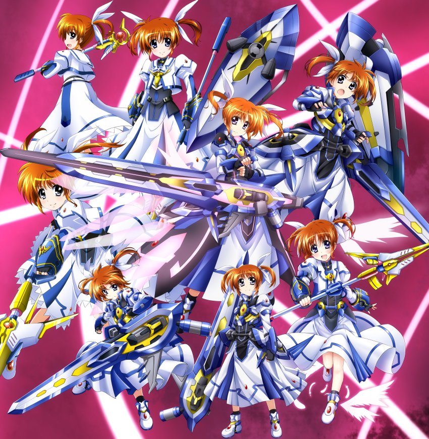 6+girls :d absurdres armor armored_dress black_gloves blue_eyes boots brown_hair closed_mouth commentary_request dress fingerless_gloves floating fortress_(nanoha) frown gauntlets gloves gun hair_ribbon highres holding holding_gun holding_staff holding_weapon juliet_sleeves long_dress long_sleeves looking_at_viewer looking_back lyrical_nanoha magical_girl mahou_shoujo_lyrical_nanoha mahou_shoujo_lyrical_nanoha_a&#039;s mahou_shoujo_lyrical_nanoha_detonation mahou_shoujo_lyrical_nanoha_reflection mahou_shoujo_lyrical_nanoha_the_movie_1st mahou_shoujo_lyrical_nanoha_the_movie_2nd_a&#039;s multiple_girls multiple_persona open_mouth puffy_sleeves raising_heart raising_heart_(accel_mode)_(2nd) raising_heart_(bustercanon_mode) raising_heart_(exelion_mode)_(2nd) ribbon smile staff standing strike_cannon takamachi_nanoha takamachi_nanoha_(exelion_mode) takamachi_nanoha_(exelion_mode_modified) takamachi_nanoha_(formula_mode) takamachi_nanoha_(fortress_mode) takamachi_nanoha_(sacred_mode)_(2nd) twintails weapon white_dress white_footwear white_ribbon yorousa_(yoroiusagi)