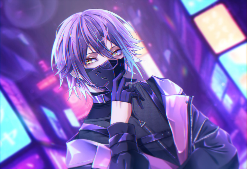 1boy aqua_streaks blurry blurry_background bokeh cityscape collar commentary depth_of_field double-parted_bangs ear_piercing english_commentary gloves hair_between_eyes half_gloves highres kamishiro_rui looking_to_the_side lycoristyx male_focus mask mouth_mask multicolored_hair official_alternate_costume partially_open_jacket piercing project_sekai purple_collar purple_hair solo two-tone_hair urban yellow_eyes zipper_pull_tab