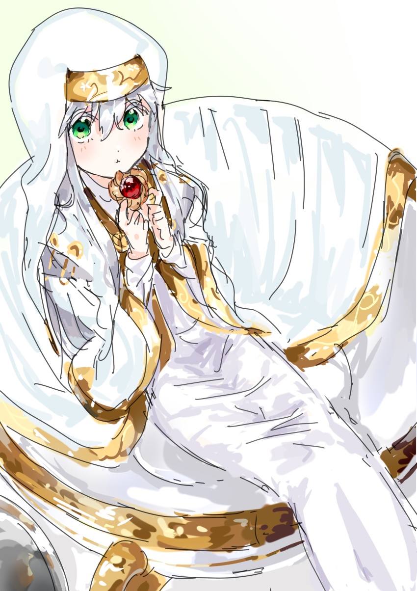 1girl absurdres commentary_request cookie cup eating food green_eyes grey_hair habit highres holding holding_food index_(toaru_majutsu_no_index) long_hair looking_at_viewer nmdsk nun oversized_object robe safety_pin simple_background sitting solo teacup toaru_majutsu_no_index white_robe