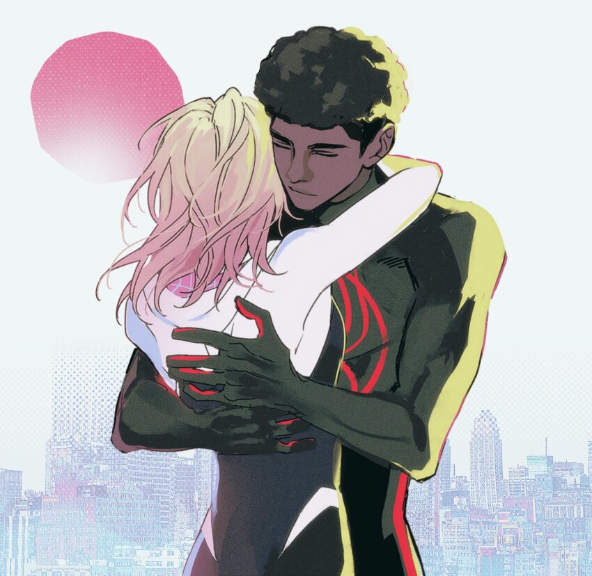 1boy 1girl animal_print back black_bodysuit black_hair bodysuit building city closed_eyes closed_mouth commentary_request dark-skinned_male dark_skin day gugusam0 gwen_stacy highres hood hooded_bodysuit hug korean_commentary marvel medium_hair miles_morales multicolored_bodysuit outdoors pink_bodysuit short_hair sky skyscraper smile spider-gwen spider-man_(miles_morales) spider-man_(series) spider-verse spider_print spider_web_print sun superhero_costume white_bodysuit white_sky