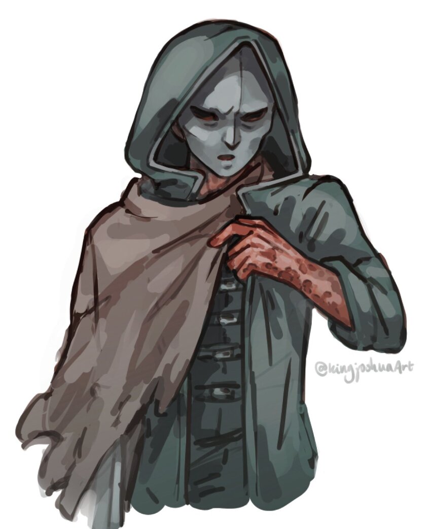 1boy cloak colored_skin commentary cropped_torso fear_&amp;_hunger fear_&amp;_hunger_(series) fear_&amp;_hunger_1 grey_cloak highres hood hood_up hooded_cloak isayah_(fear_&amp;_hunger) kingjoshua looking_at_viewer mask obscured_eyes red_skin simple_background solo twitter_username white_background