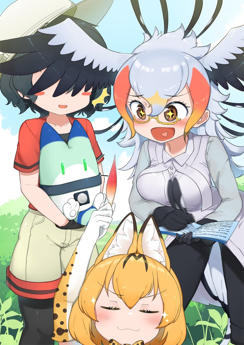 +_+ 3girls :3 afterimage animal_ears animal_print beige_shorts bird_girl bird_tail bird_wings black_gloves black_hair black_legwear black_pants blue_eyes blush blush_stickers book bow bowtie brown_eyes cat_ears cat_girl chis_(js60216) closed_eyes coat commentary_request excited gloves grey_hair hair_between_eyes head_wings heart heart_in_mouth helmet highres kaban_(kemono_friends) kemono_friends long_coat long_hair looking_at_another lucky_beast_(kemono_friends) motion_blur multicolored_hair multiple_girls pants pantyhose pith_helmet print_neckwear quill red_hair red_shirt secretarybird_(kemono_friends) semi-rimless_eyewear serval_(kemono_friends) shirt short_hair short_sleeves smile smug sparkle t-shirt tail white_coat wings writing