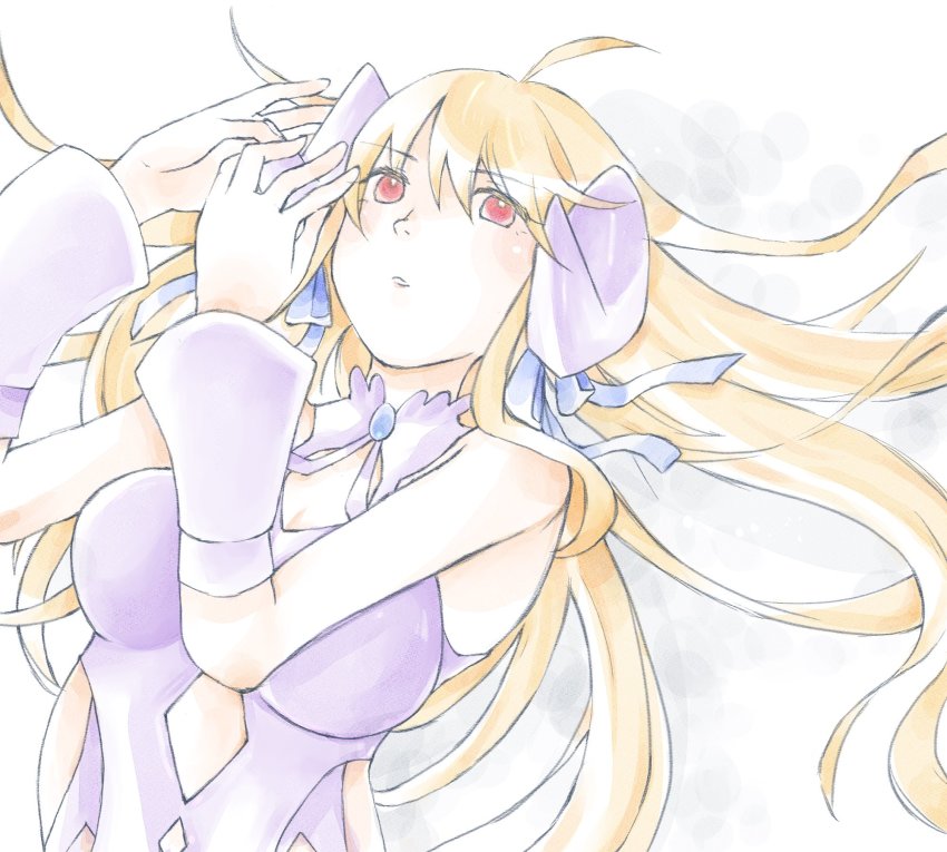 1girl ahoge alternate_eye_color bare_arms bare_shoulders blonde_hair blush breasts choker cleavage corrupted corruption cygames dark_persona dragalia_lost hair_ribbon highres holding horn_ornament horns long_hair looking_at_viewer lying morsayati nintendo on_ground possessed possession red_eyes ribbon saiki white_background zethia