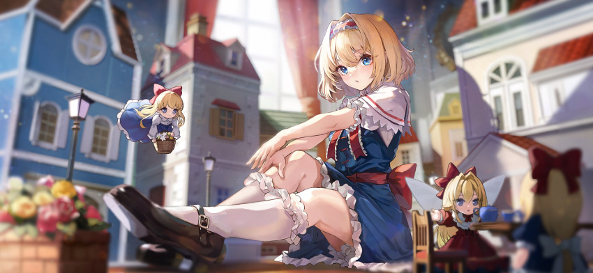 4girls alice_margatroid basket black_footwear blonde_hair blue_dress blue_eyes blush bow capelet chair cup curtains doll doll_house dress fairy_wings flying frilled_dress frilled_hairband frills hair_between_eyes hair_bow hairband holding holding_basket hourai_doll indoors lamppost long_sleeves looking_at_viewer multiple_girls non-web_source official_art parted_lips red_bow red_dress red_hairband second-party_source shanghai_doll shirt shoes short_hair sitting socks table teacup teapot tocope touhou touhou_gensou_eclipse white_capelet white_shirt white_socks window wings