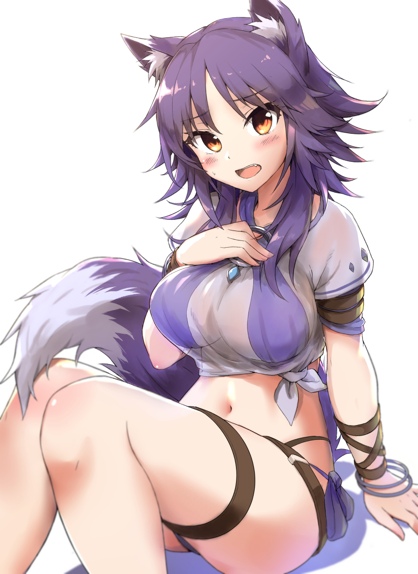 1girl absurdres animal_ear_fluff animal_ears arm_at_side bikini bikini_under_clothes blue_bikini blush bracelet breasts eyelashes fang feet_out_of_frame flipped_hair hand_on_own_chest hand_up highres jewelry knees_together_feet_apart knees_up legs long_hair looking_at_viewer makoto_(princess_connect!) makoto_(summer)_(princess_connect!) medium_breasts midriff navel o-ring o-ring_bikini open_mouth orange_eyes princess_connect! purple_hair see-through_clothes see-through_shirt shirt short_sleeves shuucream_(syuichi) side-tie_bikini_bottom simple_background sitting solo sweatdrop swimsuit t-shirt tail tail_raised teeth thigh_strap tied_shirt upper_teeth_only white_background white_shirt wolf_ears wolf_girl wolf_tail wristband