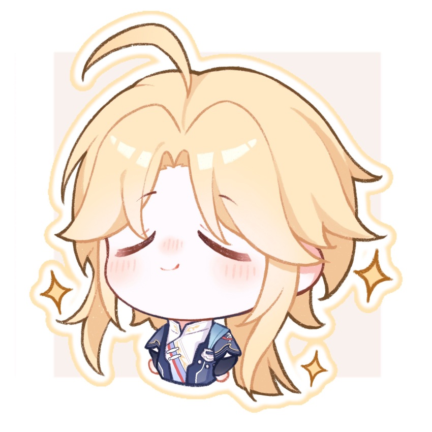 1boy ahoge blonde_hair blue_jacket border chibi chibi_only chinese_clothes chinese_commentary closed_eyes closed_mouth commentary_request highres jacket long_hair male_focus open_clothes open_jacket parted_bangs pink_background ruo_qi shirt simple_background smile smug solo sparkle white_border white_shirt yanqing_(honkai:_star_rail)