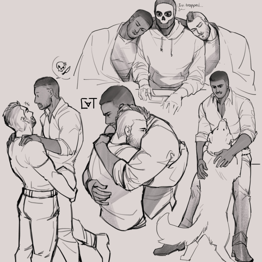 3boys absurdres animal asymmetrical_hair bara belt call_of_duty call_of_duty:_modern_warfare_2 carrying carrying_person closed_eyes collared_shirt dark-skinned_male dark_skin dog english_text facial_hair gaz_(call_of_duty_4) ghost_(modern_warfare_2) greyscale highres hood hood_down hoodie hug male_focus mask monochrome multiple_boys muscular muscular_male pants pectoral_cleavage pectorals shirt short_hair sidecut skull_mask sleeping smile soap_(modern_warfare_2) sundaycat3 undercut yaoi