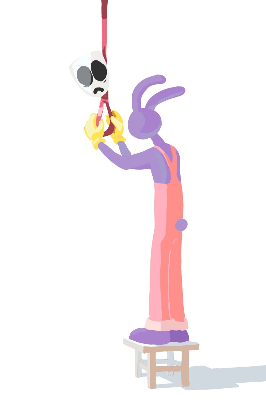 1boy 1girl animal_ears from_behind gangle_(the_amazing_digital_circus) gdeyozhh gloves highres imminent_suicide jax_(the_amazing_digital_circus) mask noose on_stool open_mouth overalls pink_overalls purple_fur rabbit_boy rabbit_ears rabbit_tail red_ribbon ribbon shadow simple_background standing tail the_amazing_digital_circus white_background yellow_gloves