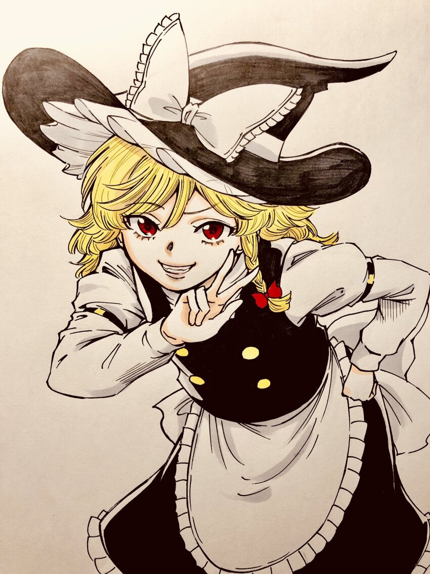 1girl apron black_hat black_skirt black_vest blonde_hair bow braid buttons frilled_bow frilled_skirt frills grin hand_on_own_hip hat hat_bow highres juliet_sleeves kirisame_marisa leaning_forward long_hair long_sleeves looking_at_viewer puffy_sleeves red_eyes s590220 shirt side_braid single_braid skirt smile solo touhou traditional_media turtleneck upper_body vest waist_apron white_apron white_bow white_shirt witch witch_hat
