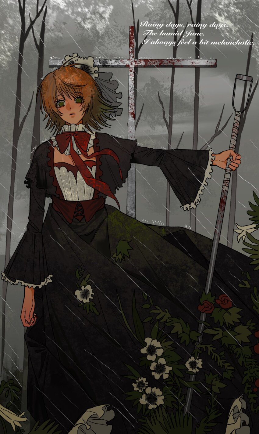 black_dress blood bow brown_hair closed_mouth cross dress eyelashes flower gothic_lolita green_eyes highres kiyari0628 lolita_fashion long_sleeves original rain red_bow red_flower red_ribbon red_rose ribbon rose solo