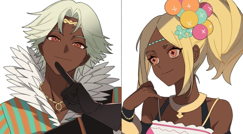 1boy 1girl bare_shoulders black_gloves blonde_hair brother_and_sister closed_mouth commentary dark-skinned_female dark-skinned_male dark_skin dr_metagross english_commentary fire_emblem fire_emblem_engage fogado_(fire_emblem) gloves grey_hair hair_ornament high_ponytail highres index_finger_raised long_hair looking_at_viewer nintendo ponytail prototype_design short_hair siblings smile star-shaped_pupils star_(symbol) symbol-shaped_pupils timerra_(fire_emblem) upper_body white_background