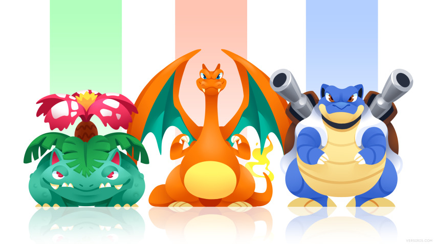 blastoise blue_eyes brown_eyes charizard claws closed_mouth fangs fire flame-tipped_tail full_body gen_1_pokemon highres looking_at_viewer nintendo no_humans pokemon pokemon_(creature) red_eyes reflective_floor standing starter_pokemon_trio straight-on tail venusaur versiris