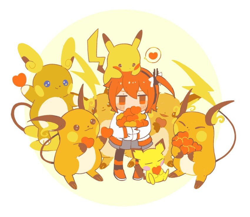 1girl a.i._voice adachi_rei alolan_form alolan_raichu black_pantyhose gen_1_pokemon gen_2_pokemon gen_7_pokemon grey_skirt heart holding holding_heart jacket long_sleeves nintendo one_side_up orange_eyes orange_hair orange_shoes pantyhose pichu pikachu pokemon raichu s1ho_(ukiy0u0) shoes skirt solo spoken_heart standing utau white_jacket
