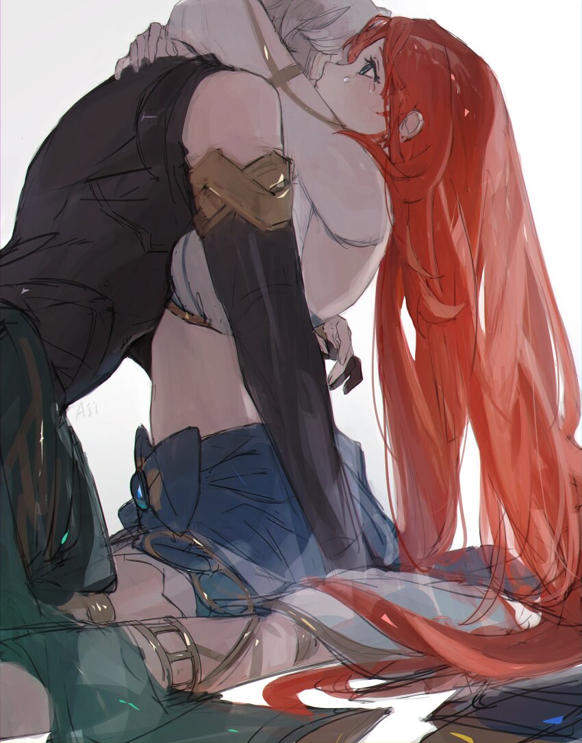1boy 1girl absurdres aji_11300913 alhaitham_(genshin_impact) artist_name bare_shoulders black_shirt black_sleeves blue_skirt crop_top from_side genshin_impact green_eyes grey_hair highres hug long_hair looking_to_the_side looking_up midriff navel nilou_(genshin_impact) red_hair shirt simple_background sitting skirt sleeveless sleeveless_shirt tears upper_body very_long_hair wariza white_background white_shirt white_sleeves