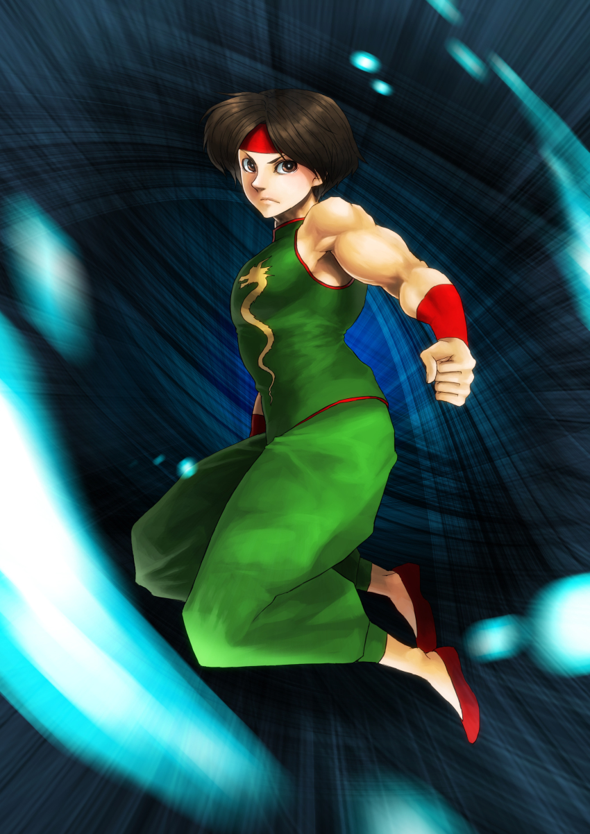1boy absurdres armband brown_hair chinese_clothes dragon food_fighter_441 headband highres king_of_fighters_xiii male_focus muscular psycho_soldier short_hair sie_kensou slippers snk solo the_king_of_fighters the_king_of_fighters_xiii