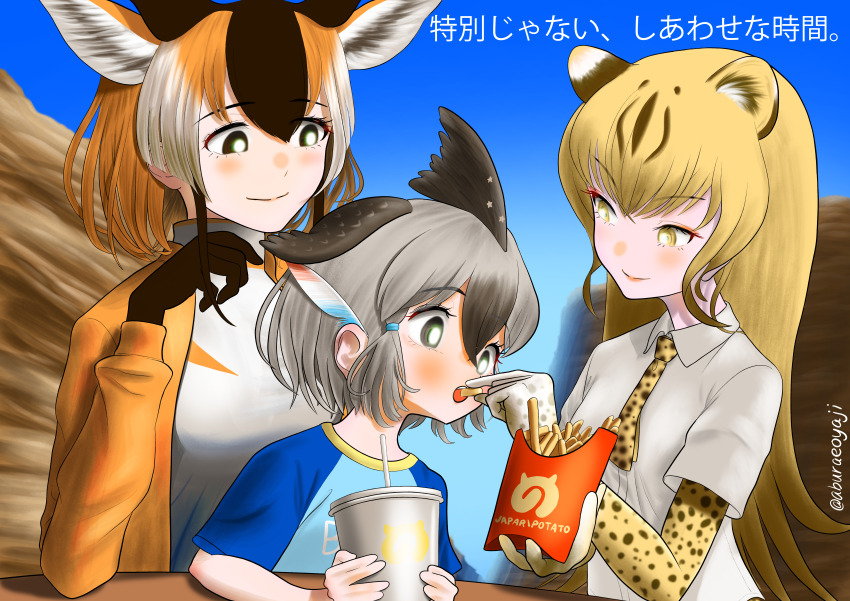 3girls absurdres aburaeoyaji animal_ears bird_girl bird_wings black_eyes blonde_hair brown_hair cheetah_(kemono_friends) elbow_gloves extra_ears feathered_wings gloves greater_roadrunner_(kemono_friends) grey_eyes grey_hair head_wings highres jersey kemono_friends kemono_friends_2 long_hair mcdonald&#039;s multiple_girls nature necktie outdoors parody pronghorn_(kemono_friends) shirt short_hair t-shirt turtleneck wings yellow_eyes yoru_mac