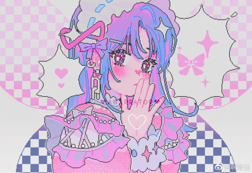 1girl apangbai_(anarrator) artist_name blue_background blue_hair blush bow bow_earrings bright_pupils chain chain_earrings checkered_background chinese_commentary closed_mouth clothing_cutout colored_inner_hair commentary_request dress earrings eyelashes facial_tattoo frilled_dress frills gradient_background gradient_eyes gradient_hair grey_background hair_bow hair_ornament hair_ribbon hairband hairclip hand_on_own_chin heart heart_tattoo highres hoop_earrings jewelry light_frown multicolored_eyes multicolored_hair multiple_earrings original pastel_colors pink_background pink_bow pink_dress pink_hair pink_ribbon pixel_art puffy_short_sleeves puffy_sleeves purple_bow purple_eyes purple_hair red_eyes ribbon ribbon-trimmed_hairband short_sleeves shoulder_cutout sleeve_bow solo spoken_heart spoken_object spoken_sparkle tattoo upper_body watermark weibo_watermark white_hairband white_pupils white_wrist_cuffs wrist_cuffs