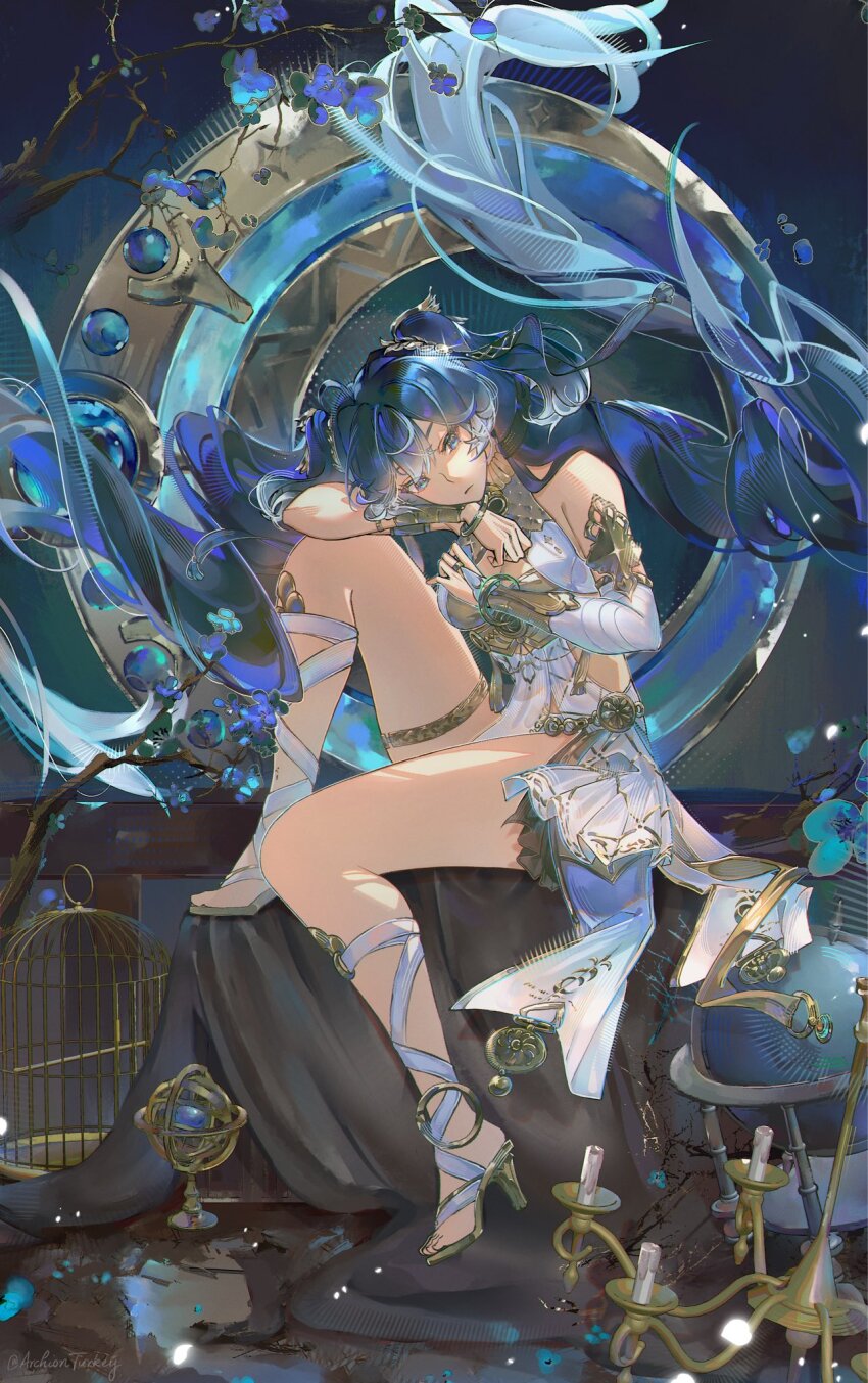 1girl archionturkey arm_guards bare_tree birdcage blue_eyes blue_hair branch bridal_gauntlets cage candlestand colored_tips detached_sleeves dress elbow_on_knee floating_hair full_body globe hair_between_eyes head_rest high_heels highres iuno_(wuthering_waves) knee_up layered_dress long_hair looking_at_viewer multicolored_hair revealing_clothes scenery serious side_slit sidelighting sitting solo thick_thighs thigh_strap thighs tree twintails very_long_hair white_dress wuthering_waves
