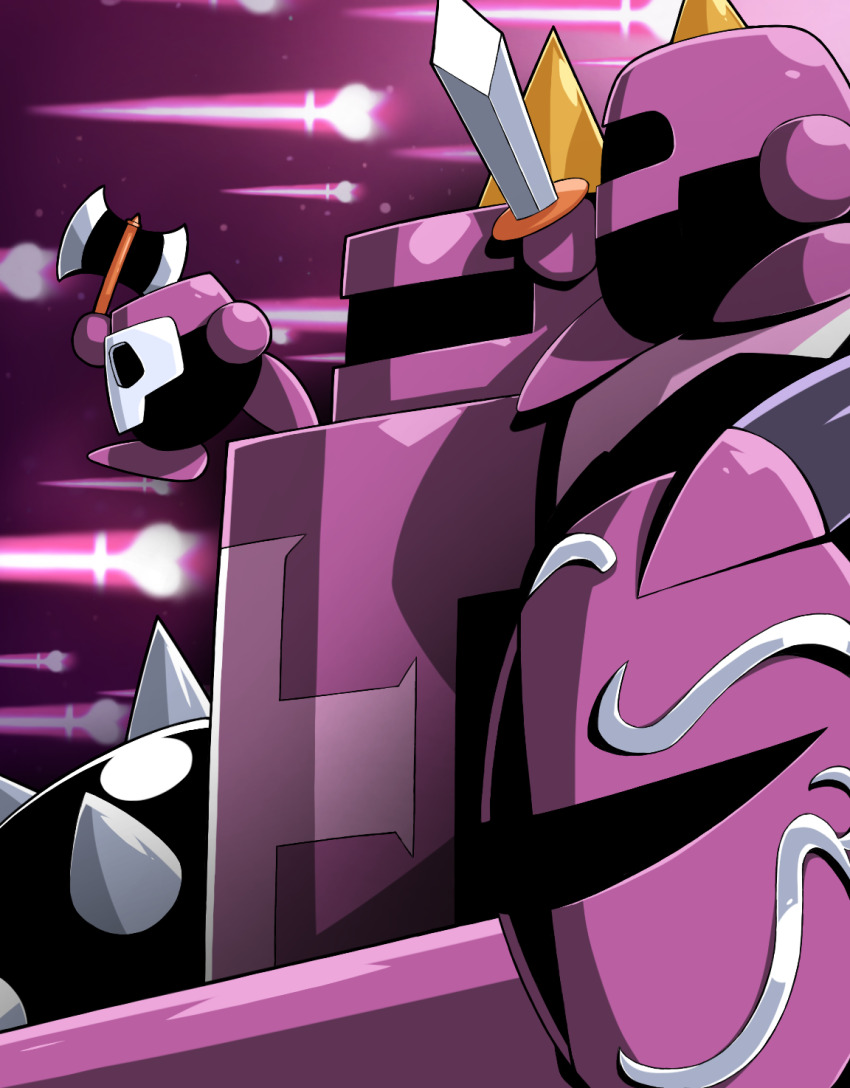 axe blade_(kirby) butch_(kirby) energy_spear galacta_knight highres holding holding_axe holding_sword holding_weapon horned_mask kirby_(series) masher_(kirby) mask muramo nintendo no_humans purple_theme super_kirby_clash sword weapon