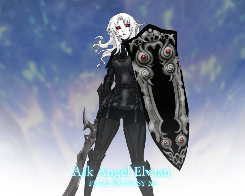 00s 1girl ark_angel armor colored_skin dark_knight elf elvaan female_focus final_fantasy final_fantasy_xi long_hair pale_skin pointy_ears red_eyes shield shiri_hime shirihime solo sword weapon white_hair white_skin