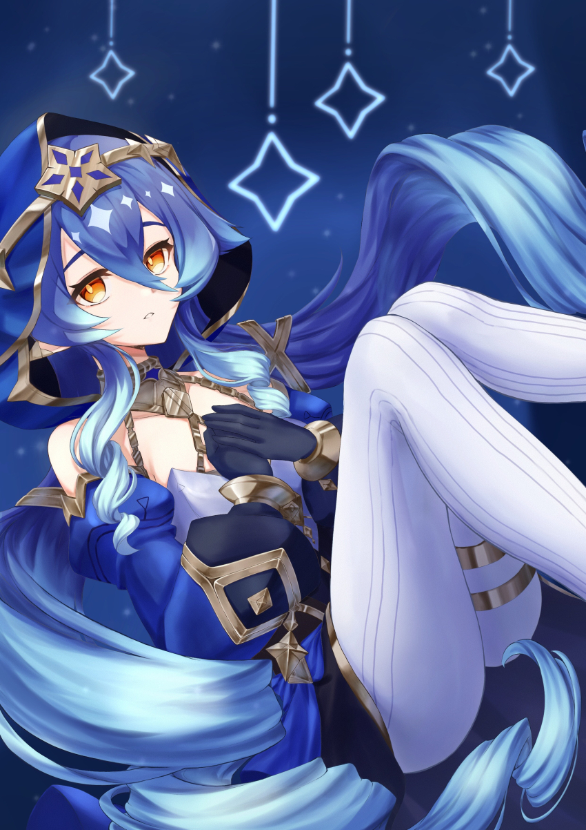1girl absurdres bare_shoulders black_gloves blue_hair blue_hood blue_sleeves bracelet detached_sleeves drill_hair drill_sidelocks genshin_impact gloves gold_bracelet gold_trim hair_between_eyes highres jewelry layla_(genshin_impact) long_hair long_sleeves looking_at_viewer mutumumu neck_ring own_hands_together pantyhose pointy_ears puffy_long_sleeves puffy_sleeves sidelocks solo star_(symbol) thigh_strap twintails very_long_hair white_pantyhose yellow_eyes