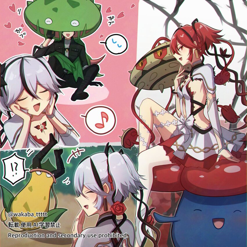 !? +++ 0roshioji3ran 1boy 1girl alternate_color black_jacket breasts camellya_(wuthering_waves) carnivine clothing_cutout collar collarbone commentary_request creatures_(company) crossover earrings ferrothorn game_freak gen_1_pokemon gen_4_pokemon gen_5_pokemon gold_earrings hair_vines hand_up highres jacket jewelry knee_up looking_at_viewer male_rover_(wuthering_waves) musical_note navel nintendo open_mouth pokemon pokemon_(creature) red_eyes red_hair rover_(wuthering_waves) shiny_pokemon short_hair sideless_dress sitting small_breasts smile spoken_interrobang spoken_musical_note stomach_cutout tacet_mark_(wuthering_waves) victreebel vileplume white_collar white_hair wuthering_waves