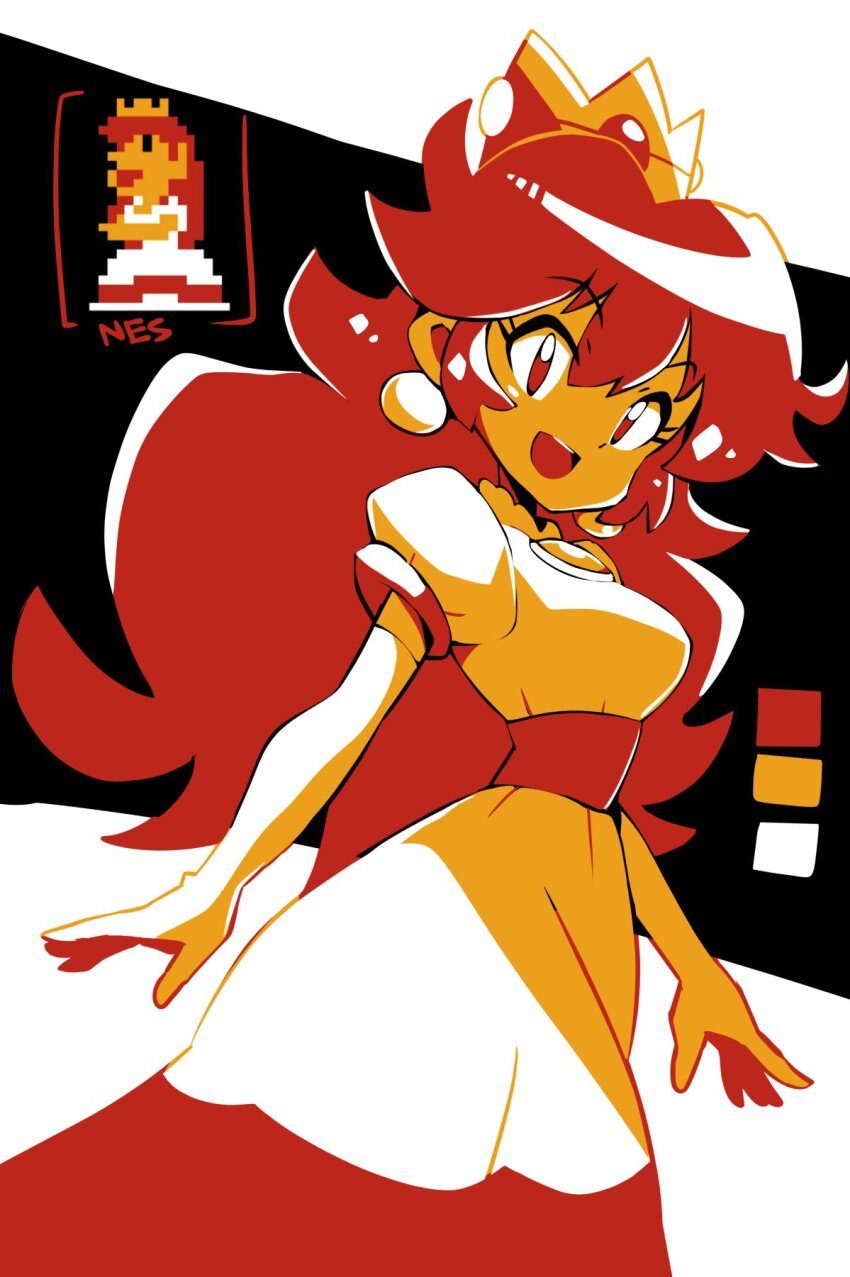 1girl 2024 arms_at_sides black_background breasts chest_jewel collarbone colored_skin crown dress earrings elbow_gloves female_focus gloves hair_between_eyes head_tilt highres jewelry long_hair mario_(series) medium_breasts nintendo official_alternate_color official_alternate_costume open_mouth outside_border princess_peach princess_toadstool_redraw_(meme) puffy_short_sleeves puffy_sleeves red_eyes red_hair redrawn sakurajyousui_nami short_sleeves simple_background solo spread_fingers standing super_mario_bros._1 tareme very_long_hair white_dress white_gloves