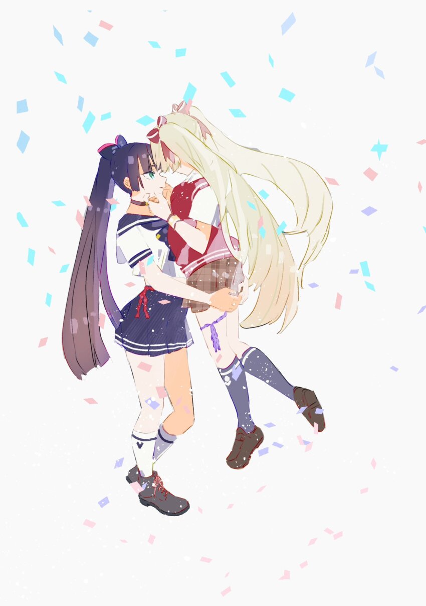 2girls black_hair black_sailor_collar blunt_bangs bow face-to-face green_eyes hair_bow hands_on_another&#039;s_ass heaven_burns_red highres leg_ribbon lifting_person long_hair multiple_girls nanashisanhvbn natsume_inori official_alternate_costume ogasawara_hisame ponytail red_vest ribbon sailor_collar school_uniform serafuku shirt skirt thigh_ribbon twintails vest white_hair white_serafuku white_shirt yuri