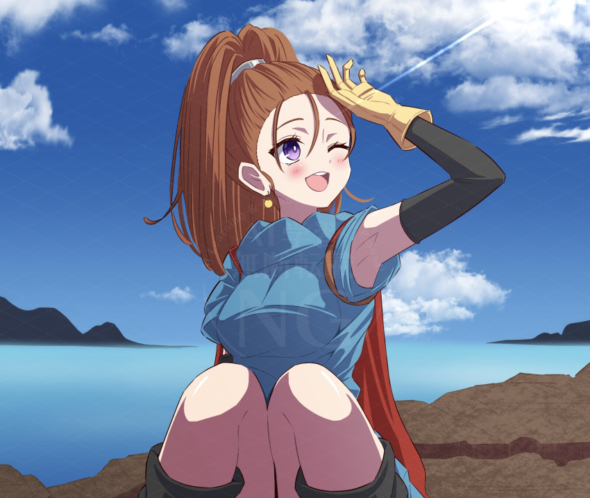 1girl :d ;d ayanamirio barbara_(dq6) black_sleeves blue_sky blue_tunic breasts bright_pupils cape cloud commentary_request detached_sleeves dragon_quest dragon_quest_vi earrings gloves grey_socks high_ponytail highres jewelry looking_to_the_side medium_breasts one_eye_closed open_mouth orange_hair outdoors ponytail purple_eyes red_cape rock shielding sitting sky sleeves_rolled_up smile socks solo sphere_earrings tunic water watermark white_pupils yellow_gemstone yellow_gloves