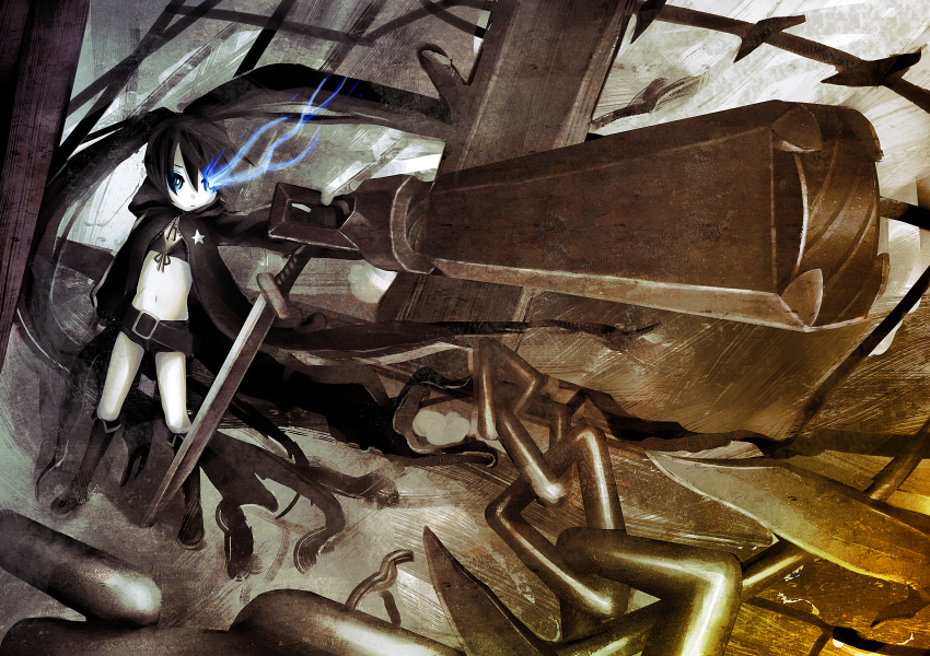 1girl arm_cannon belt bikini black_hair black_rock_shooter black_rock_shooter_(character) black_shorts blue_eyes blue_fire fire flaming_eye flat_chest front-tie_bikini_top front-tie_top glowing glowing_eye highres long_hair no_shirt pale_skin rock_cannon sakimiya_naon scar shorts swimsuit sword twintails uneven_twintails weapon