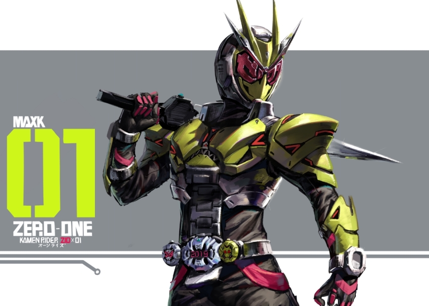 1boy adapted_costume antennae armor black_bodysuit bodysuit bug clock clock_hands cowboy_shot crossover rider_belt gloves grasshopper green_armor green_mask heisei insect kamen_rider kamen_rider:_reiwa_the_first_generation kamen_rider_01_(series) kamen_rider_zi-o kamen_rider_zi-o_(series) male_focus mask max-k red_eyes reiwa rider_watch sword tokusatsu weapon ziku_driver